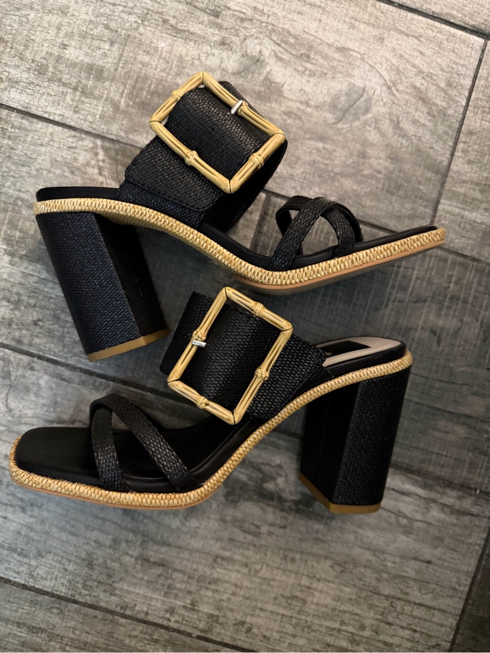 Dolce Vita Black Textured Block Heel Sandals with Gold Buckles